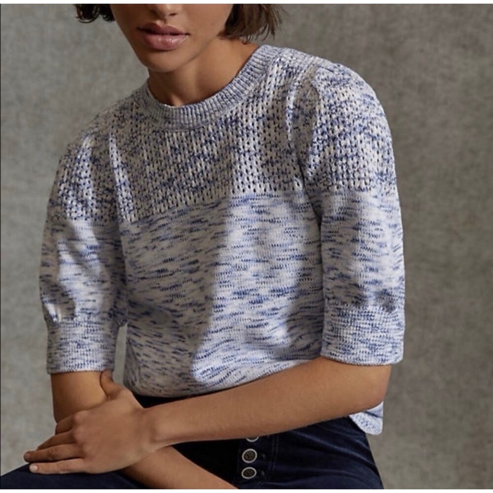 Anthropologie Mixed Stitch Puff Sleeve Sweater Blue White XL Space Dye Knit